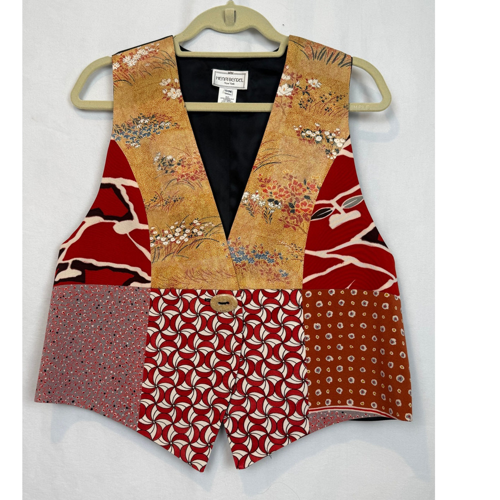 Vintage Henri Bendel NY 100% Kimono Silk Patchwork Vest S/M Japan Made USA Lined
